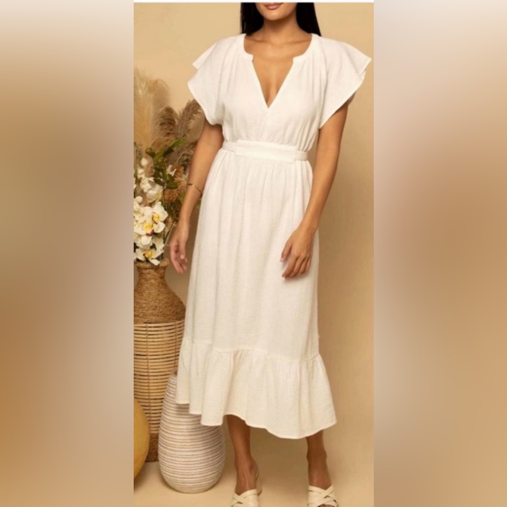 Belted White Midi Dress